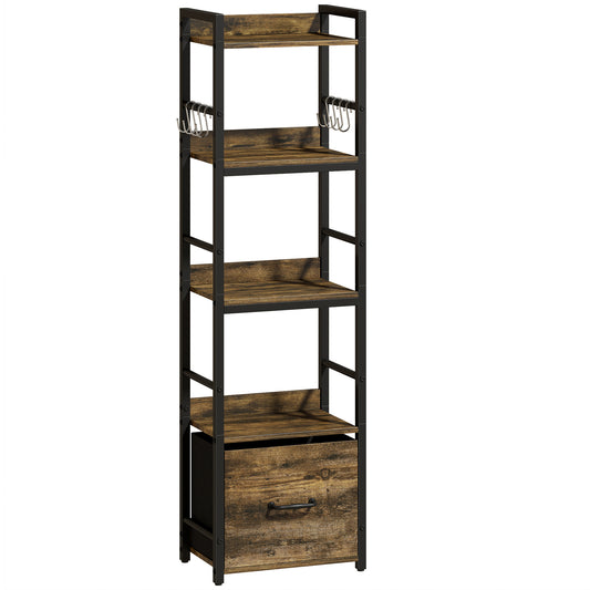 Photo of HOMCOM 4-Tier Bookshelf, Narrow Bookcase with Drawer, 8 Hooks, Metal Frame, Rustic Brown in Brown colour on a white background