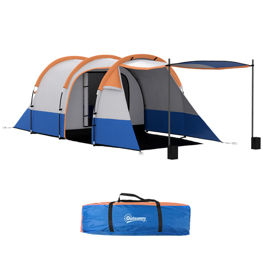 Photo of Outsunny Camping Tent, Large Tunnel Tent with Bedroom and Living Area, 2000mm Waterproof, Portable with Bag for 2-3 Man, Orange in Orange colour on a white background