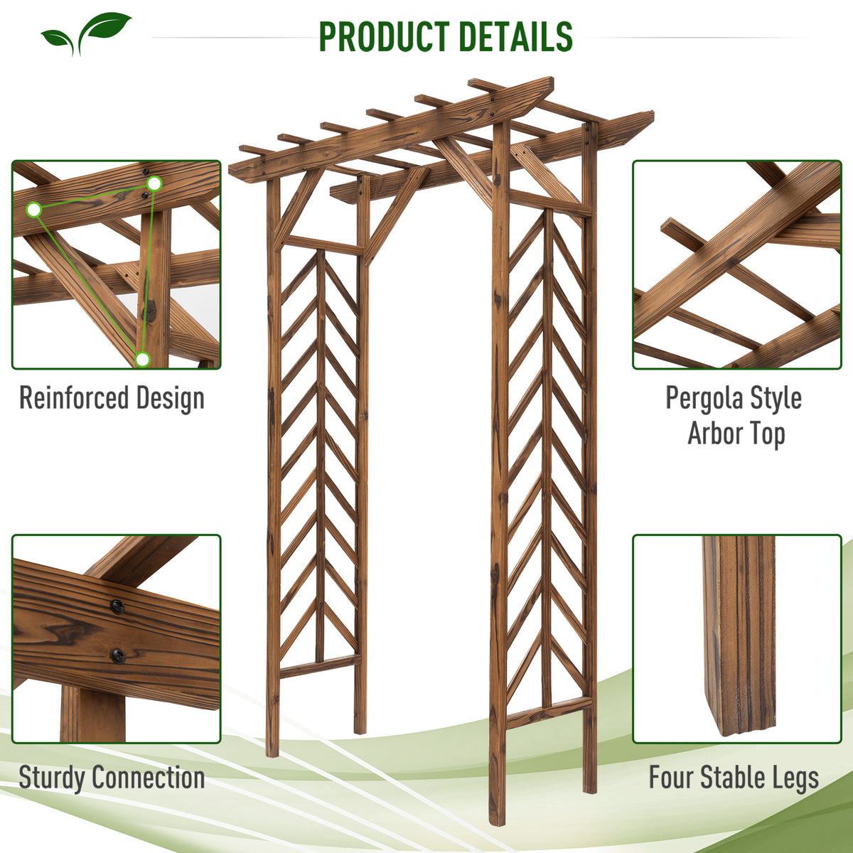 Wooden garden arbor featuring reinforced braces, sturdy connections, and four legs
