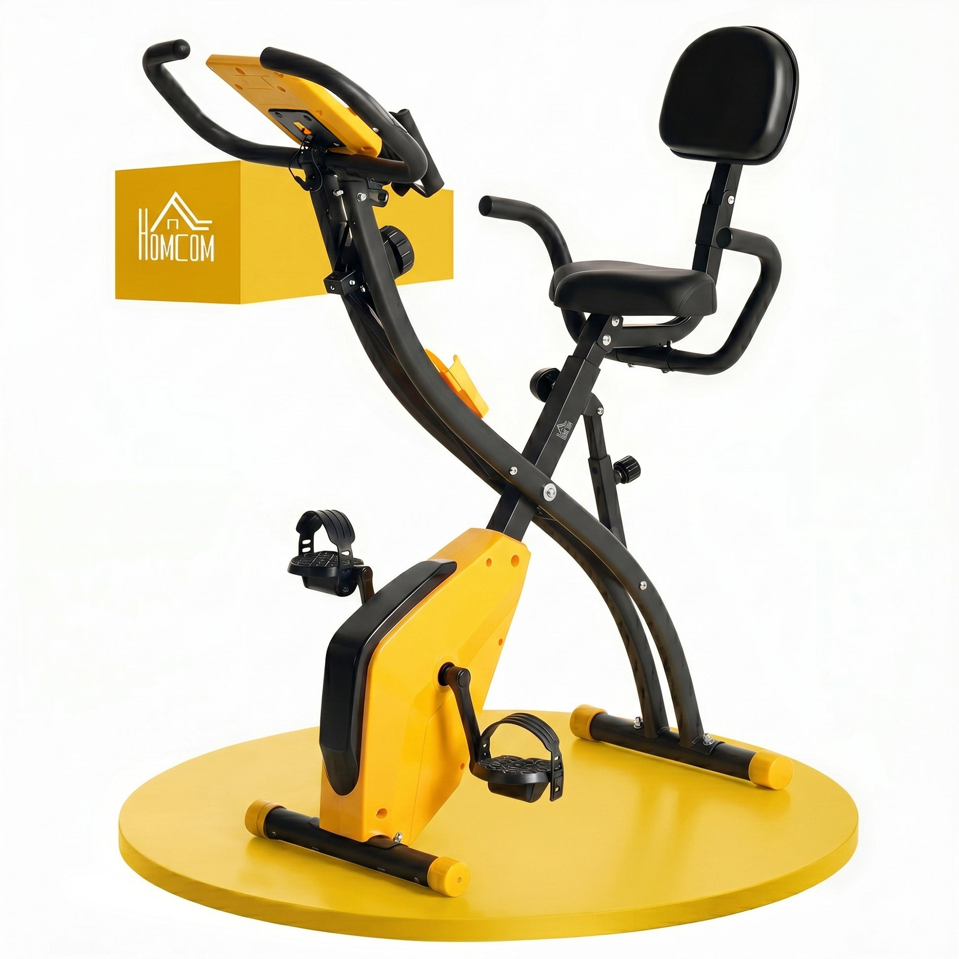 Photo of HOMCOM 2-in-1 Folding Exercise Bike with 8-Level Magnetic Resistance, Arm Resistance Band, Pulse Sensor, Yellow in Yellow colour on a white background