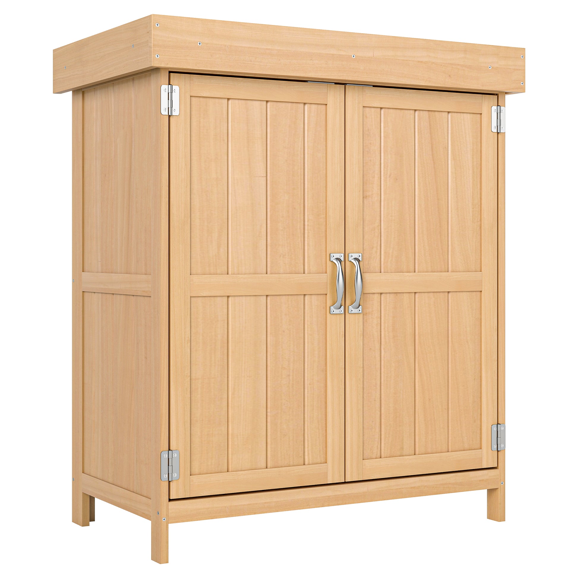 Photo of Outsunny Small Shed, Wooden Garden Shed with Openable Hinged Roof and Removable Shelf, Outdoor Tool Storage Cabinet Chest with Double Doors, 74 x 43 x 88 cm, Natural Wood Finish in Finish colour on a white background