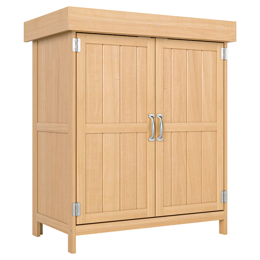 Photo of Outsunny Small Shed, Wooden Garden Shed with Openable Hinged Roof and Removable Shelf, Outdoor Tool Storage Cabinet Chest with Double Doors, 74 x 43 x 88 cm, Natural Wood Finish in Finish colour on a white background