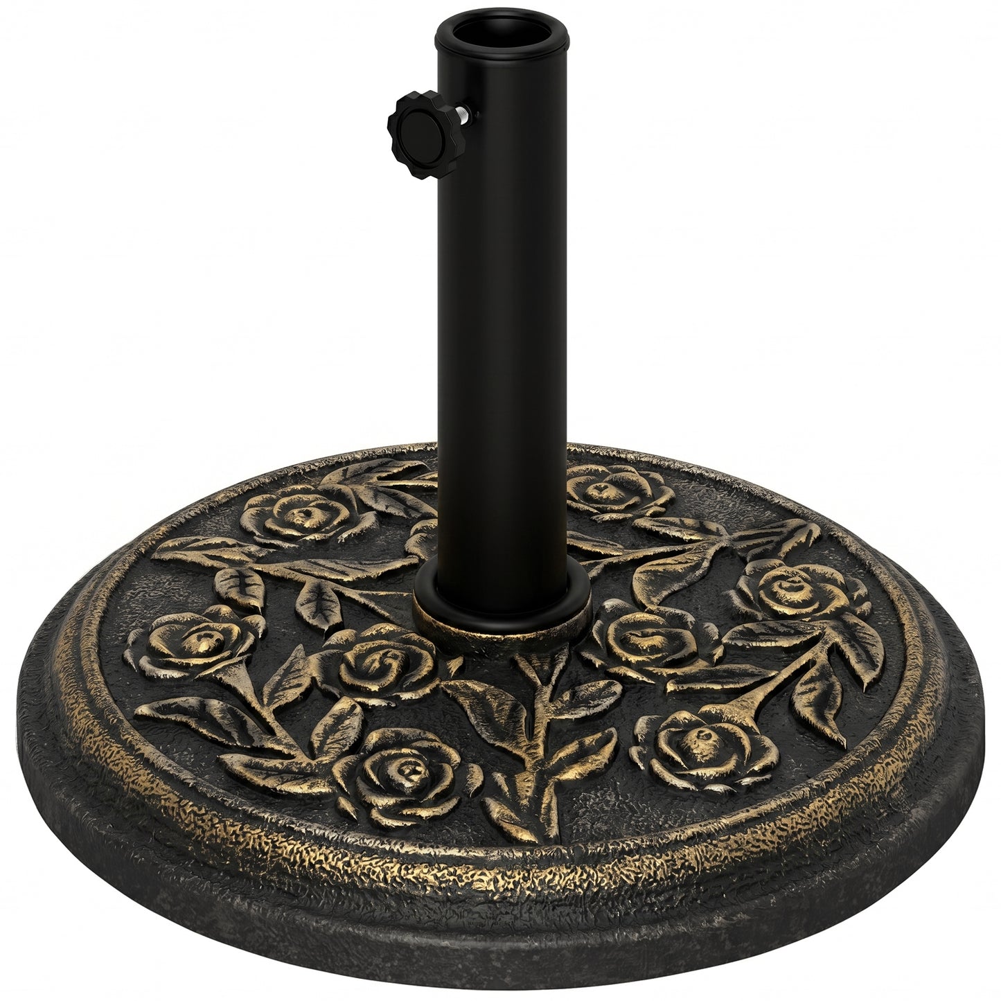 Photo of Outsunny 9kg Garden Parasol Base, Round Resin Cast Iron Effect Sun Umbrella Base, Outdoor Umbrella Stand for 38mm or 48mm Outdoor Umbrella Poles, Bronze Tone in Tone colour on a white background