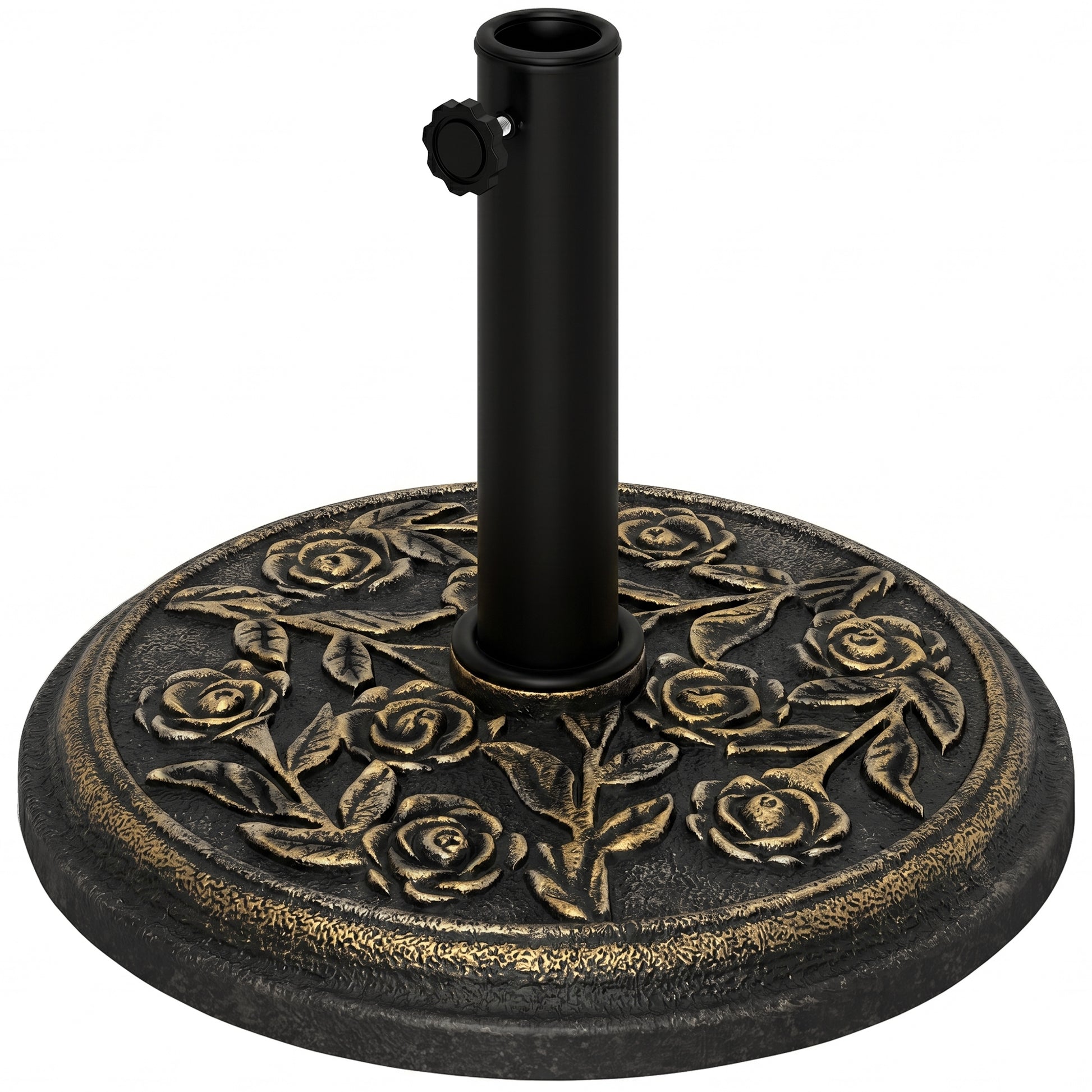 Photo of Outsunny 9kg Garden Parasol Base, Round Resin Cast Iron Effect Sun Umbrella Base, Outdoor Umbrella Stand for 38mm or 48mm Outdoor Umbrella Poles, Bronze Tone in Tone colour on a white background