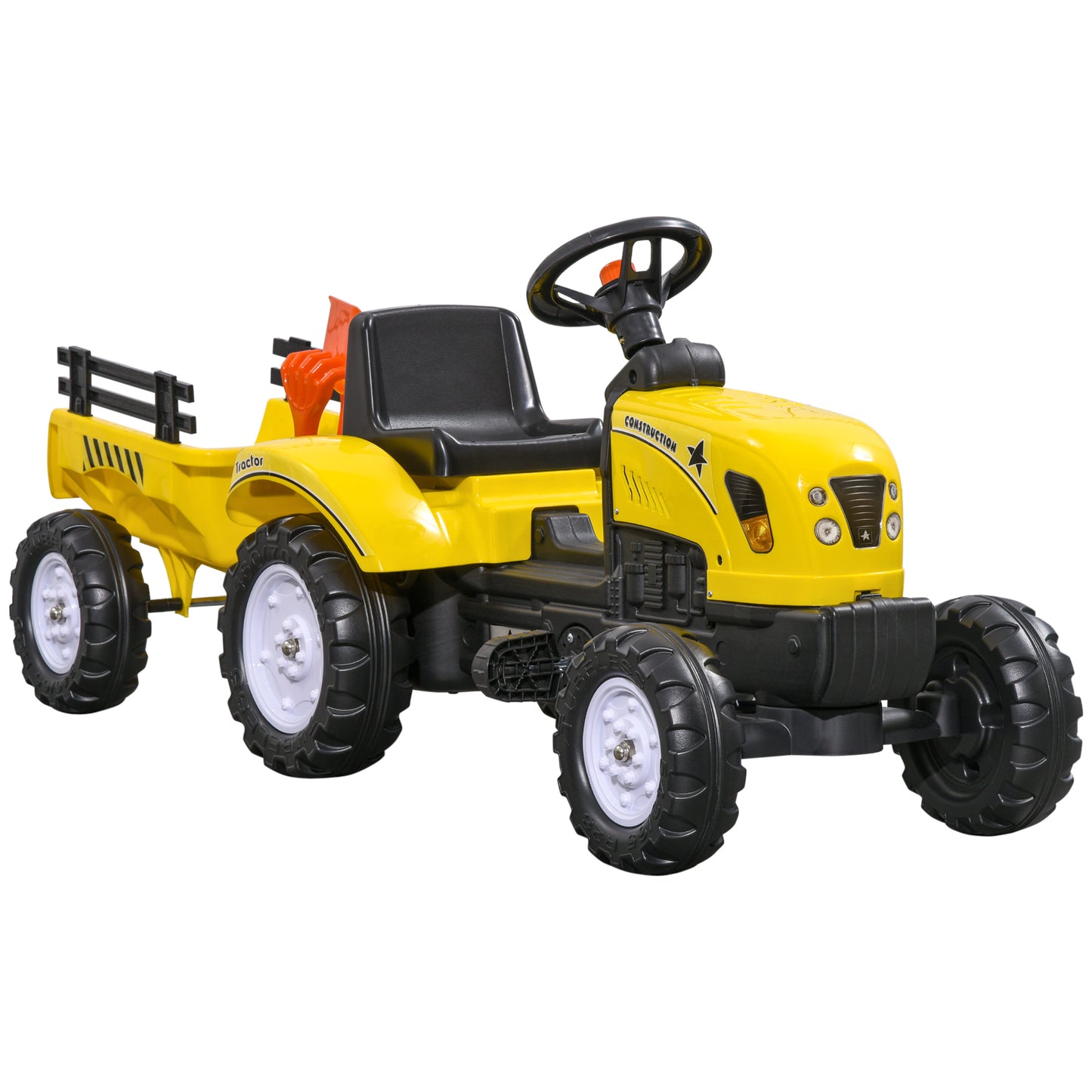 Photo of HOMCOM Kids Ride on Tractor with Back Trailer, Shovel & Rake, Horn, Four Wheels Tractor Toy for Child Toddler in Toddler colour on a white background