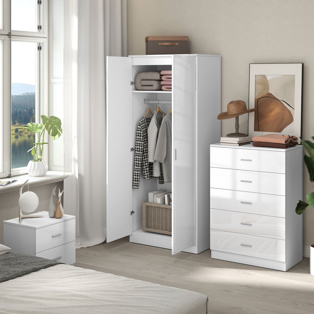 HOMCOM High Gloss 3 Piece Trio Bedroom Furniture Set Wardrobe + Chest Of Drawer + Bedside White