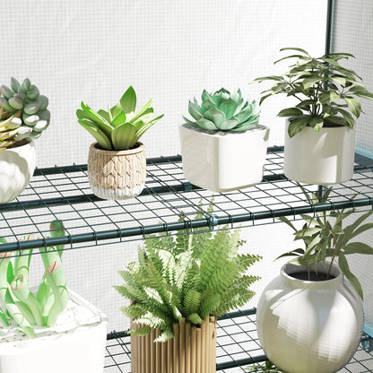 Outsunny greenhouse wire shelving and white mesh cover shown with potted plants