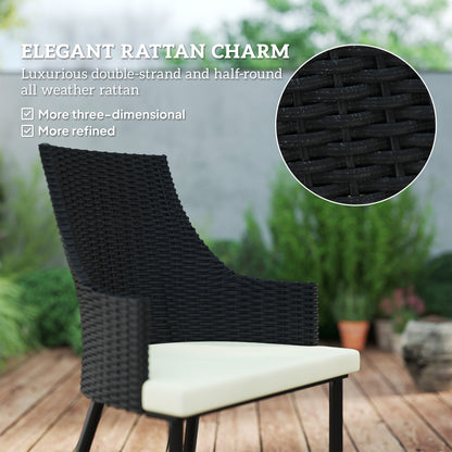 Black woven outdoor armchair with a cream seat cushion and textured rattan-style weave.