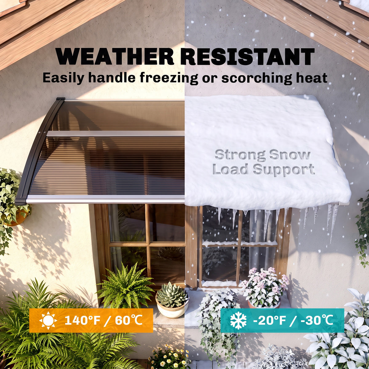 Brown polycarbonate door canopy shown supporting snow in a weather-resistance illustration.
