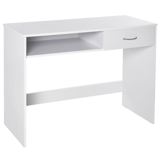 Photo of HOMCOM Compact Computer Desk, Study Table with Drawer and Storage Compartment, Writing Workstation, White in White colour on a white background