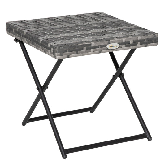 Photo of Outsunny Square PE Wicker Rattan Folding Table,Weather Resistant Wicker Weave Side Table with Steel Frame, Grey in Grey colour on a white background