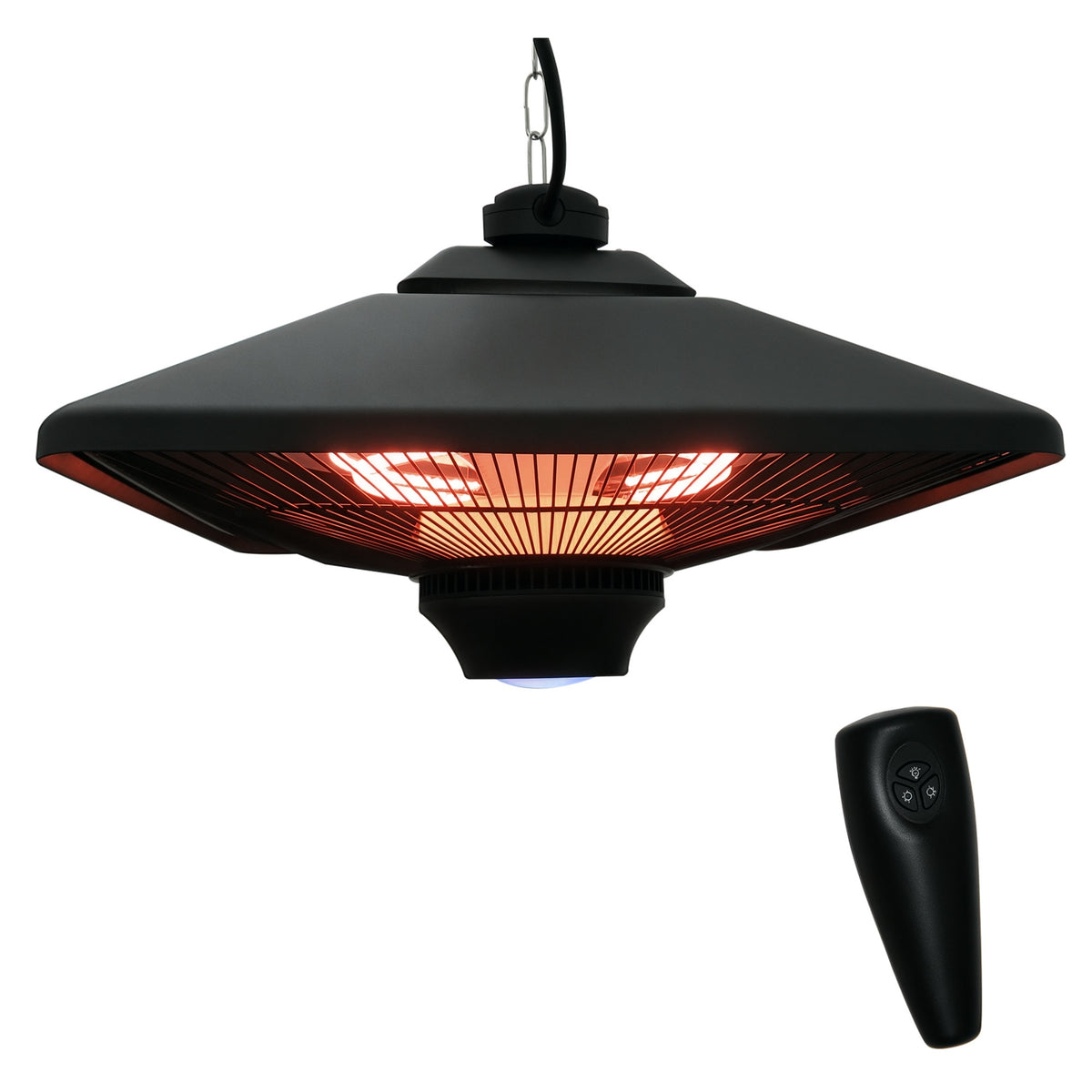 Black hanging electric patio heater with glowing halogen element and remote control
