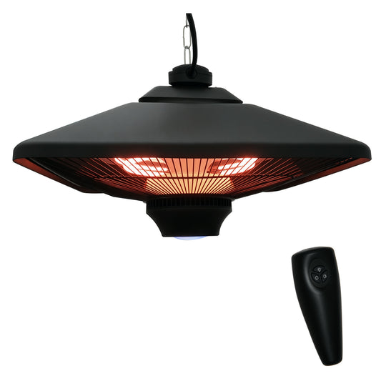Black hanging electric patio heater with glowing halogen element and remote control