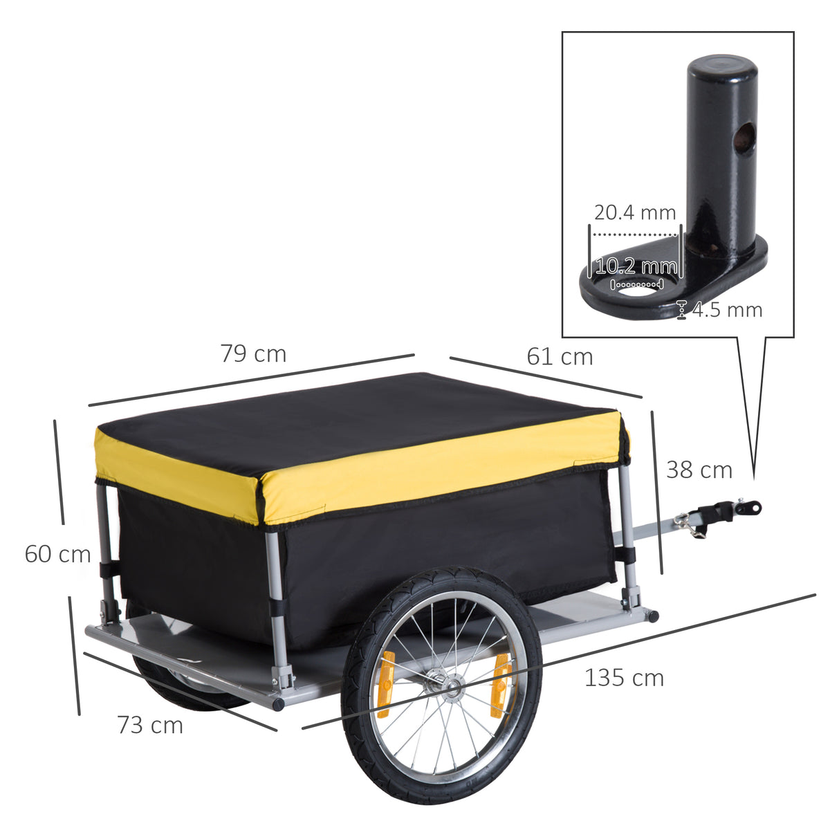 Two-wheel bicycle cargo trailer with yellow-edged black cover, shown with dimensions and hitch detail