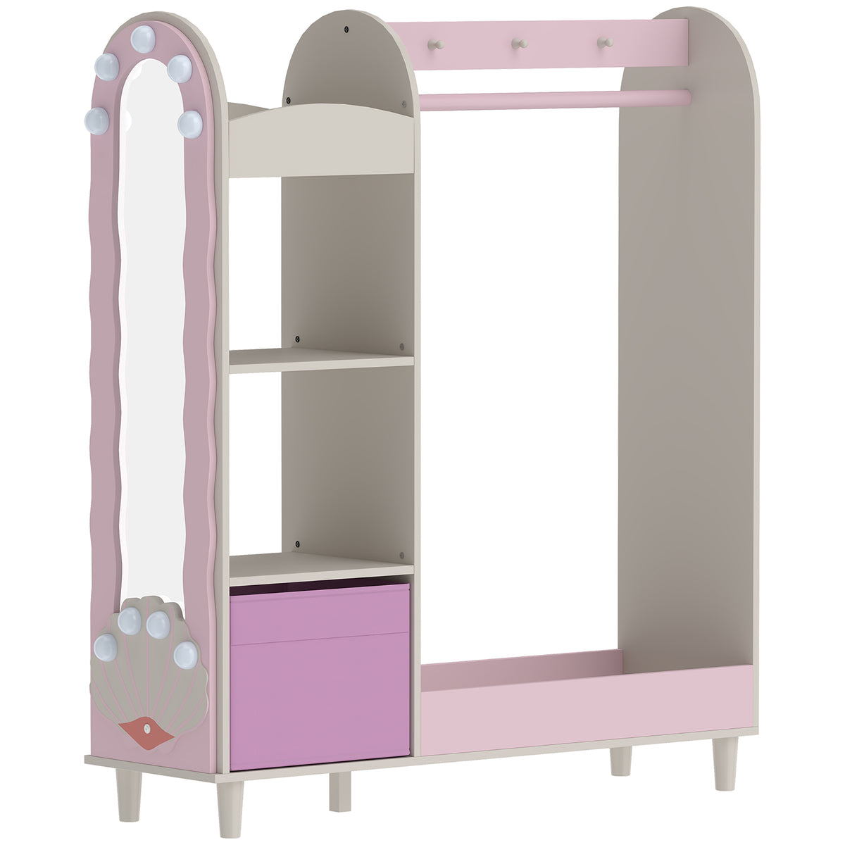 Photo of AIYAPLAY Kids Clothing Rack, Kids Wardrobe with Glowing Lights Mirror, Non-Woven Drawer and Shelves for Bedroom, Ages 3-8, Pink in Pink colour on a white background