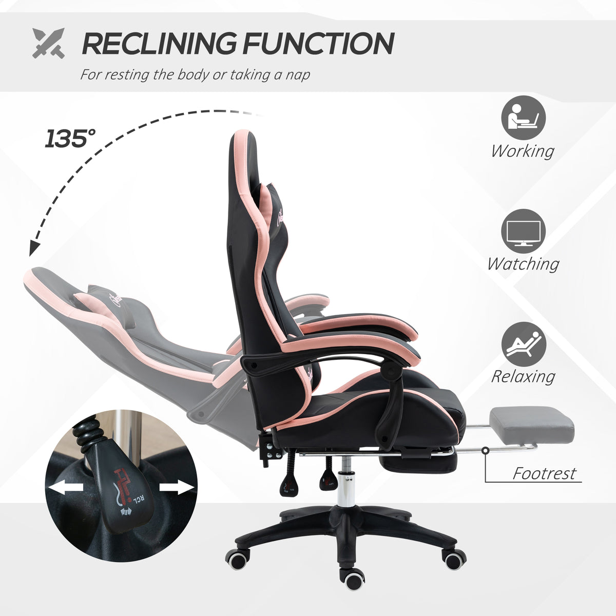 Vinsetto Gaming Chair, Computer Gamer Chair with Reclining High Back, Headrest, Lumbar Support, Footrest, Swivel Wheels, PU Leather, Adjustable Height for Home, Black and Pink