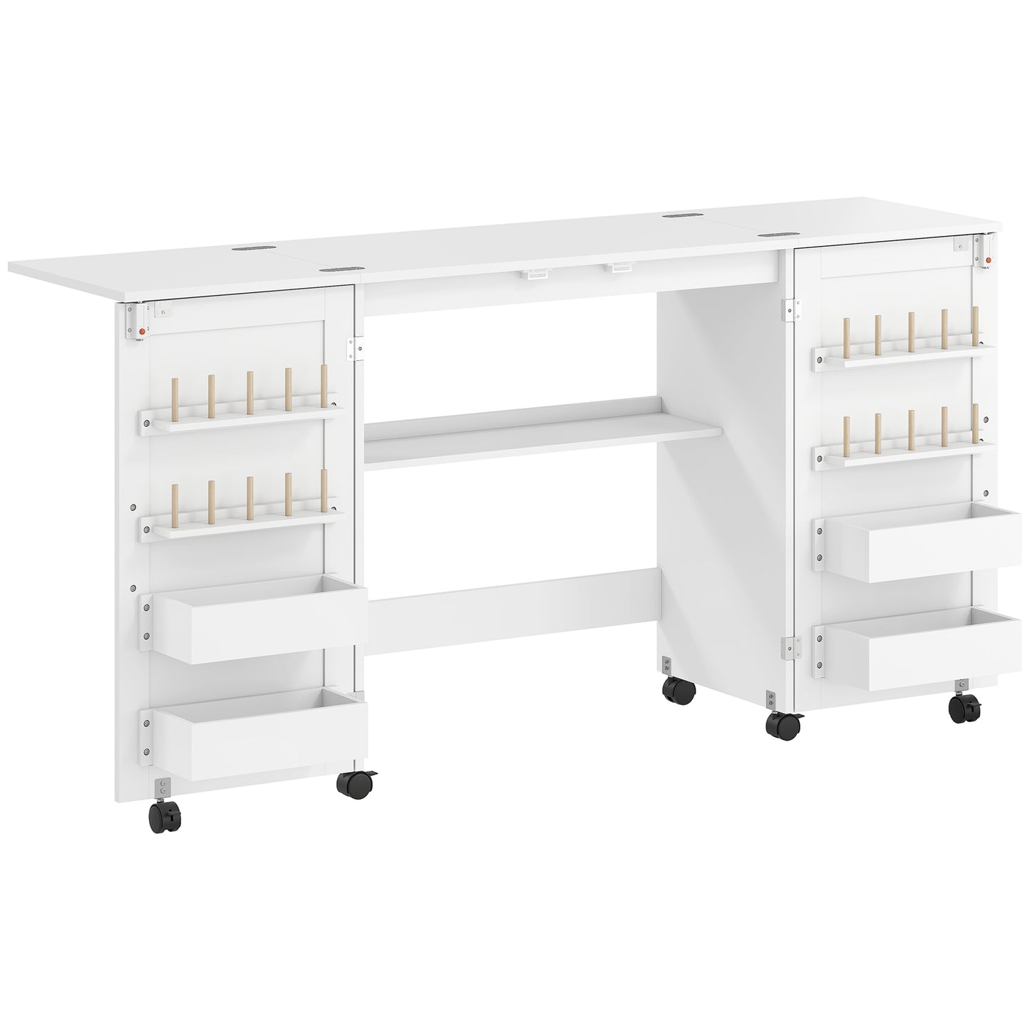 Photo of HOMCOM Folding Sewing Table with 2 Magnetic Doors, Storage Shelf, Lockable Wheels, Space Saving, White in White colour on a white background