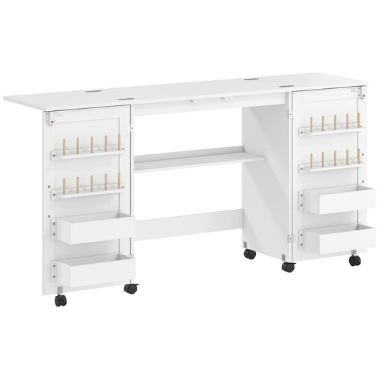 Photo of HOMCOM Folding Sewing Table with 2 Magnetic Doors, Storage Shelf, Lockable Wheels, Space Saving, White in White colour on a white background