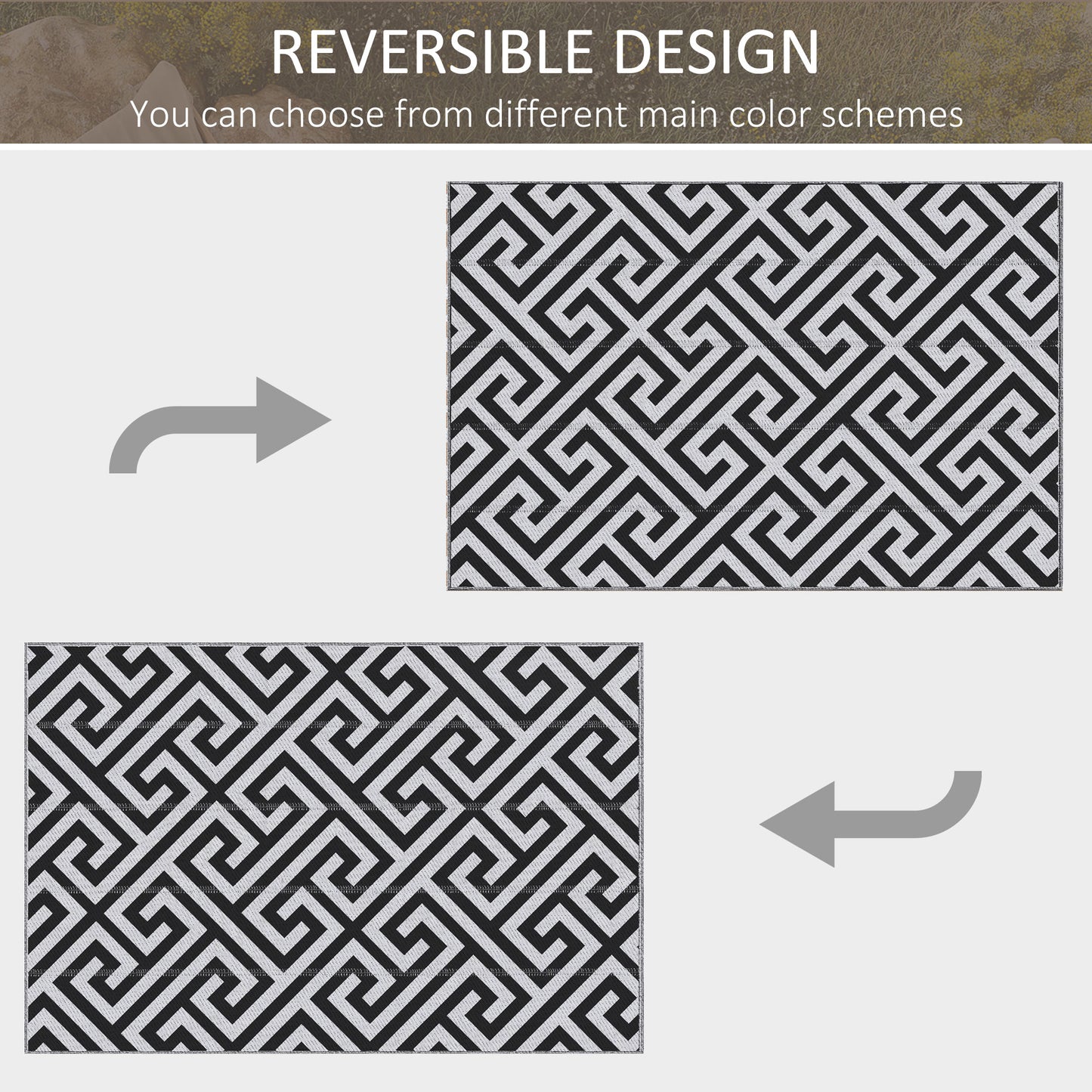 Outsunny Outdoor Rug Reversible Mat Plastic Straw Rug Portable RV Camping Mat for Garden Deck Picnic Indoor, 121 x 182 cm (4 x 6 ft), Black & White