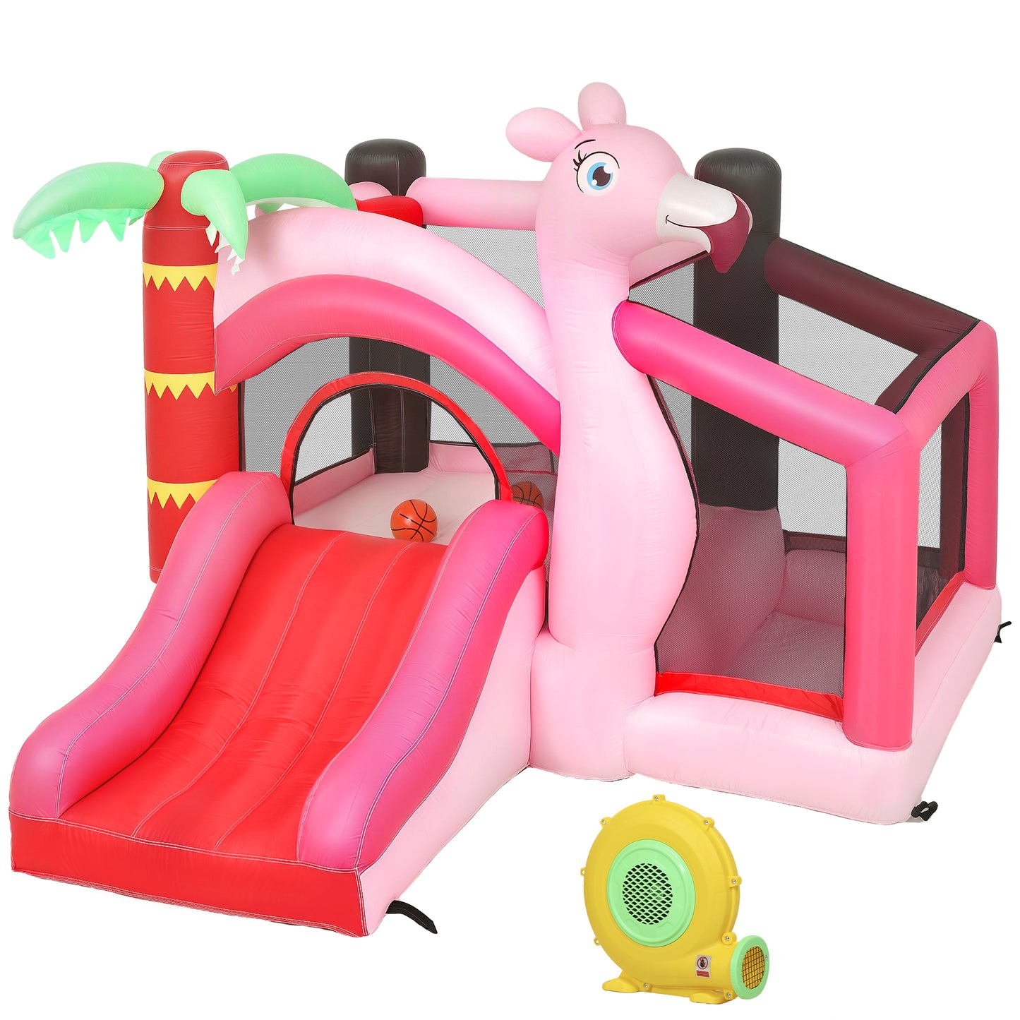 Photo of AIYAPLAY Inflatable Bounce House for Kids with Slide, Ball Pit, Basketball Hoop and Blower for Indoor Outdoor Garden, Pink in Pink colour on a white background