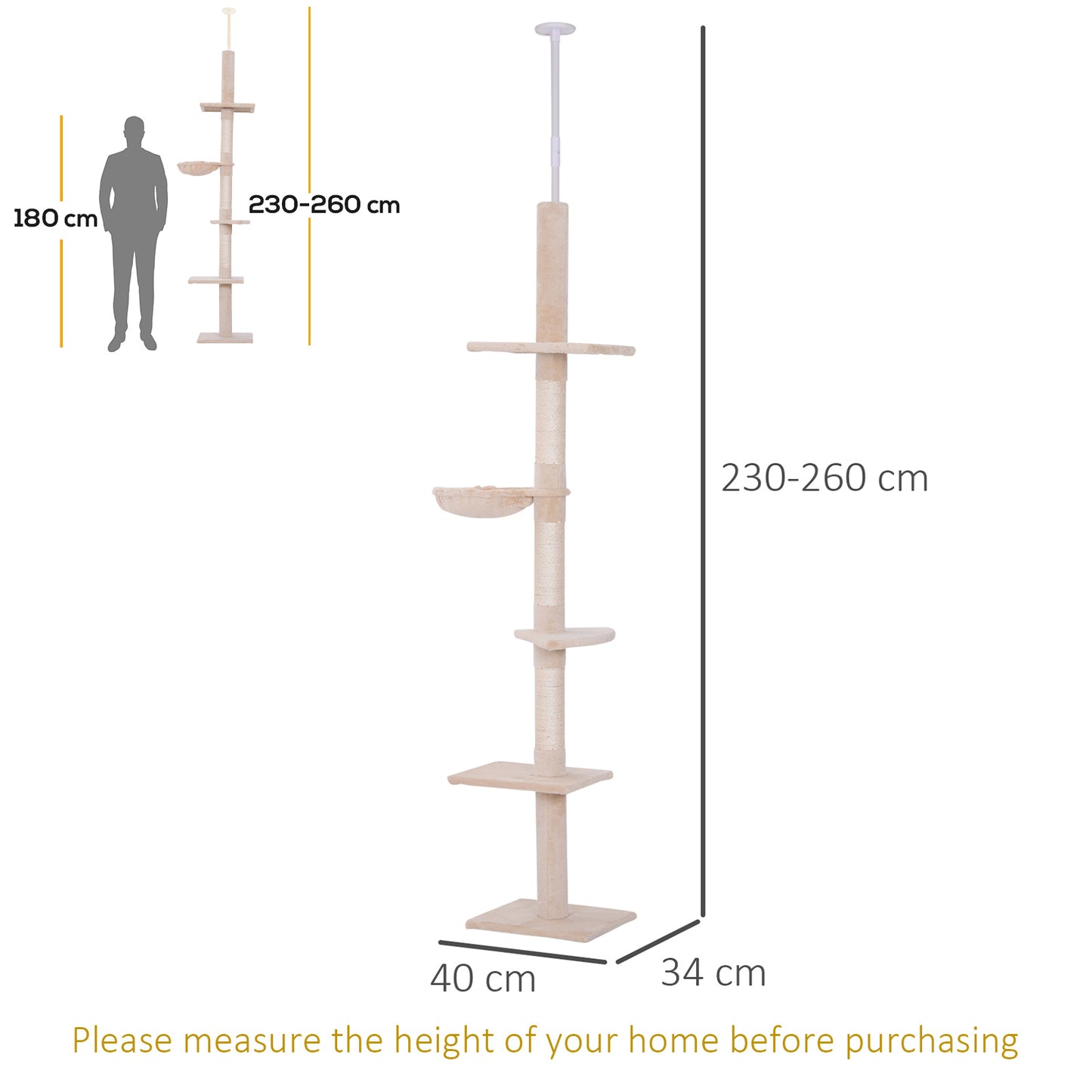 PawHut Floor to Ceiling Cat Tree 230-260cm Height Adjustable, 5-Tier Cat Tower with Scratching Posts, Hammock, Perches, Climbing Activity Centre for Indoor Kittens Playing and Relaxing, Beige