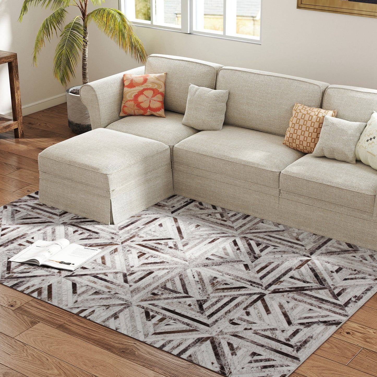 HOMCOM Modern Area Rug, Triangle Pattern Non-Slip Washable Rug, Chenille Floor Carpet for Living Room, Bedroom, Dining Room, Home Office, 230 x 160 cm, Brown