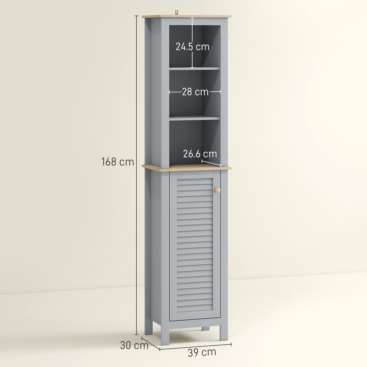 kleankin Bathroom Floor Storage Cabinet with 3 Tier Shelf and Cupboard with Door, Free Standing Linen Tower, Tall Slim Side Organizer Shelves, Grey