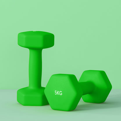 Green 5 kg hex dumbbells shown upright and at an angle