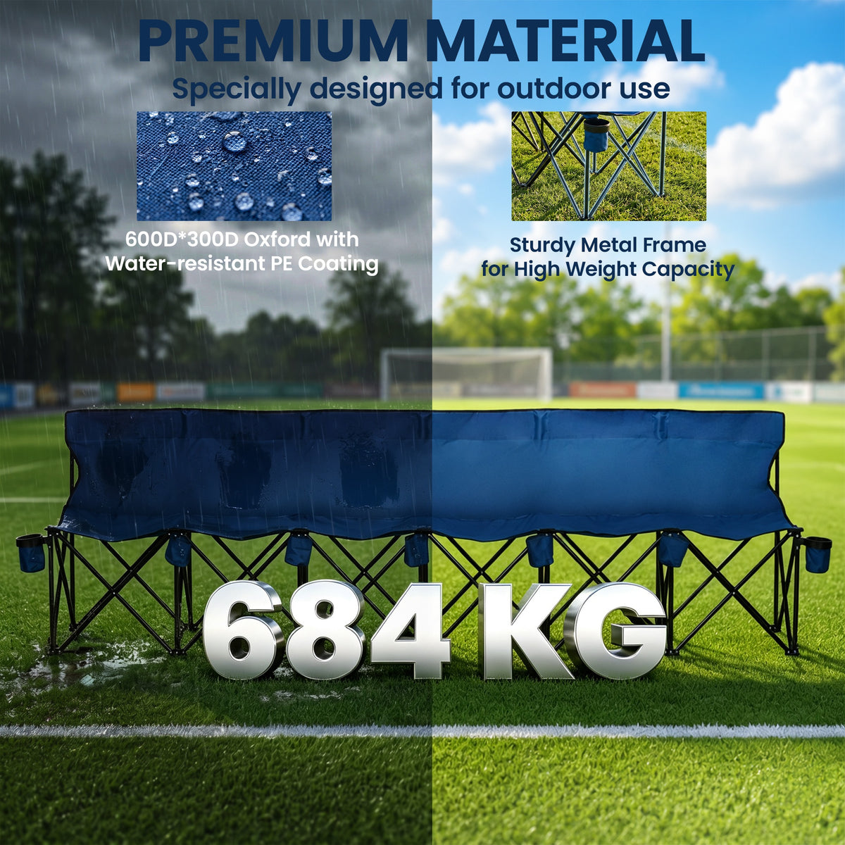 Blue six-seat folding camping chair with cup holders and a sturdy metal frame