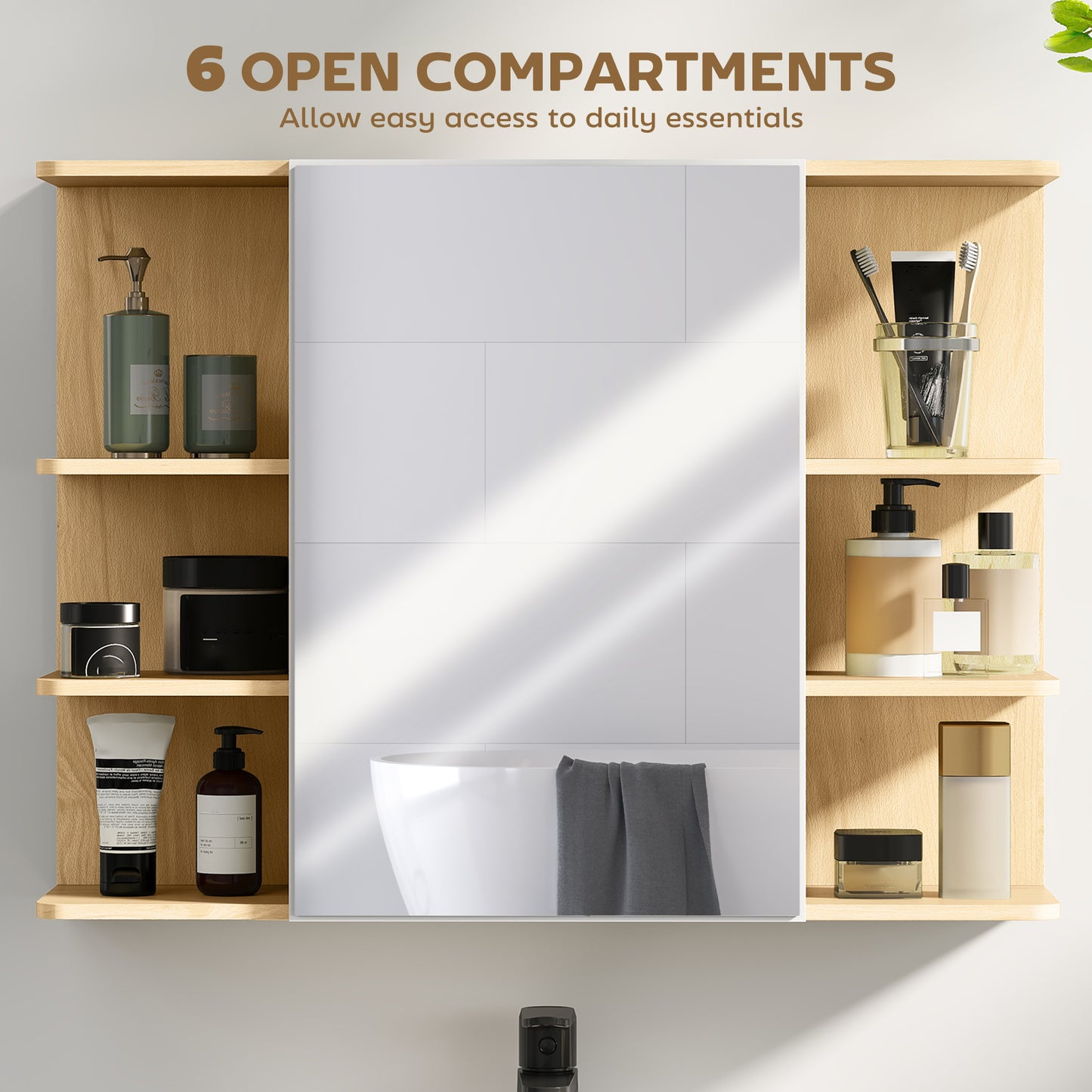 HOMCOM Bathroom Mirror Cabinet with Open Storage Shelves - Natural Wood Finish