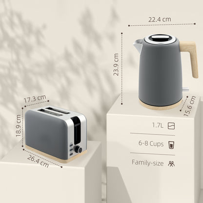 Grey kettle and two-slice toaster set with wood-look accents and size dimensions