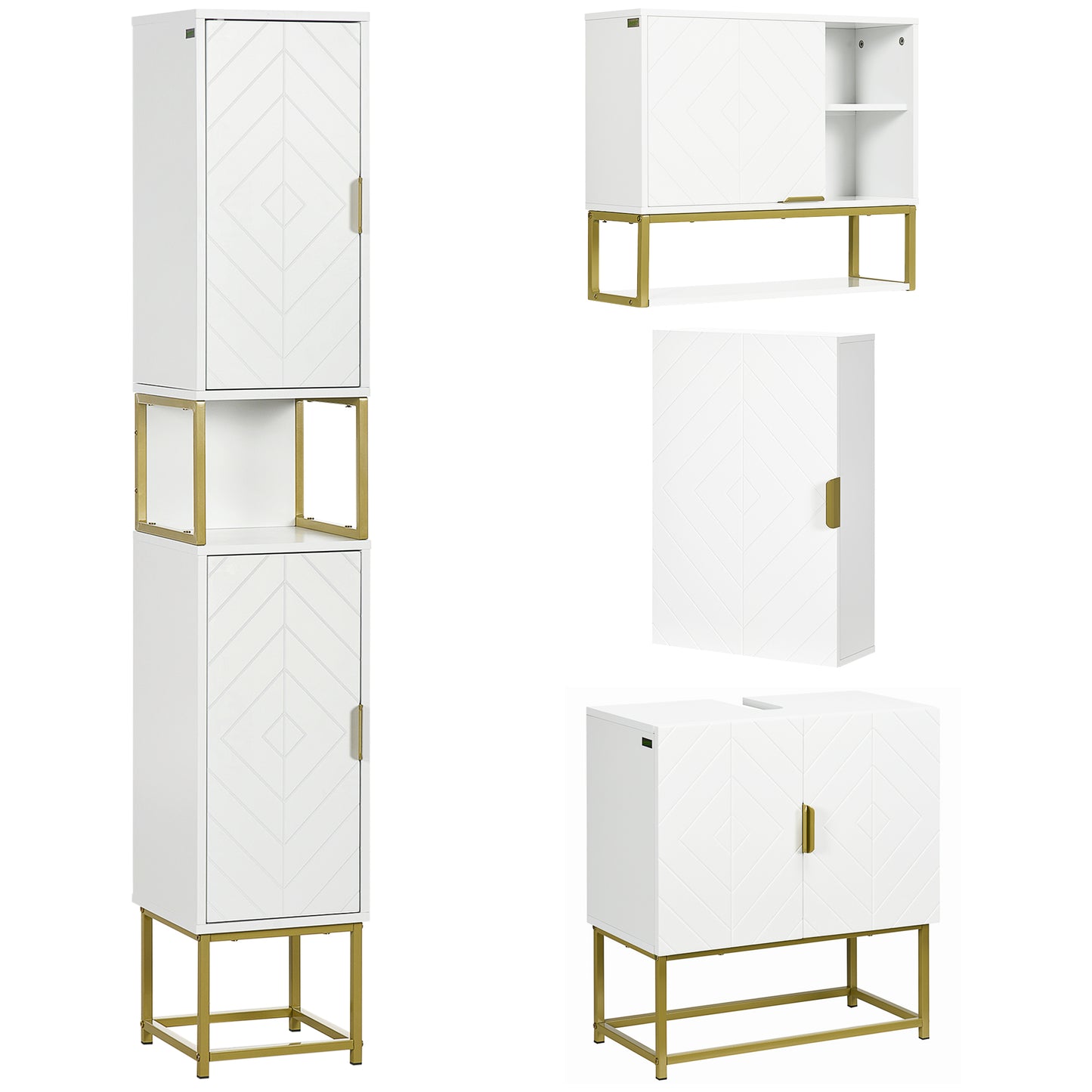 Photo of kleankin 4 Piece Bathroom Furniture Set, Freestanding Tall Bathroom Cabinet, Under Sink Storage Cabinet, 2 Wall Mounted Cabinets, White in White colour on a white background