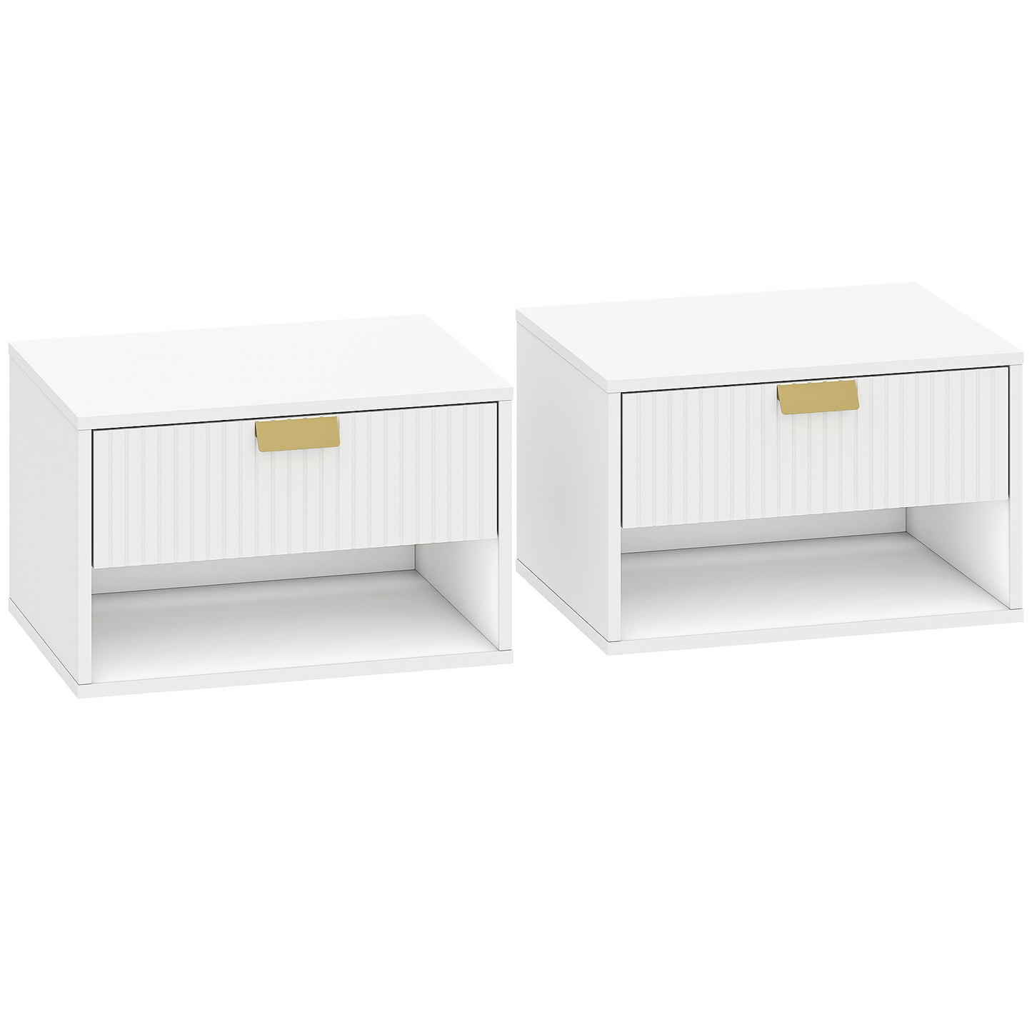 Photo of HOMCOM Set of 2 Wall Mounted Nightstands, Floating Bedside Tables with Fluted Drawer and Open Shelf for Small Bedroom, White in White colour on a white background