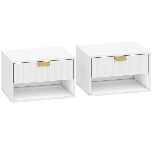 Photo of HOMCOM Set of 2 Wall Mounted Nightstands, Floating Bedside Tables with Fluted Drawer and Open Shelf for Small Bedroom, White in White colour on a white background