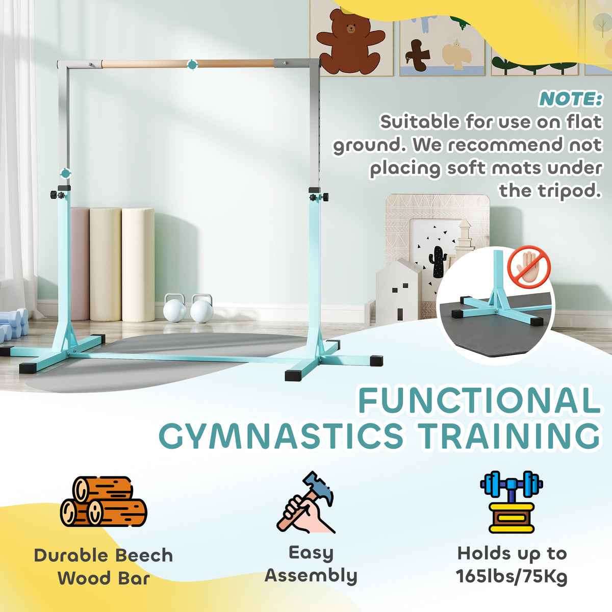 HOMCOM Height Adjustable Gymnastics Horizontal Bar for Kids, Children Junior Kip High Bar Fitness, Light Blue
