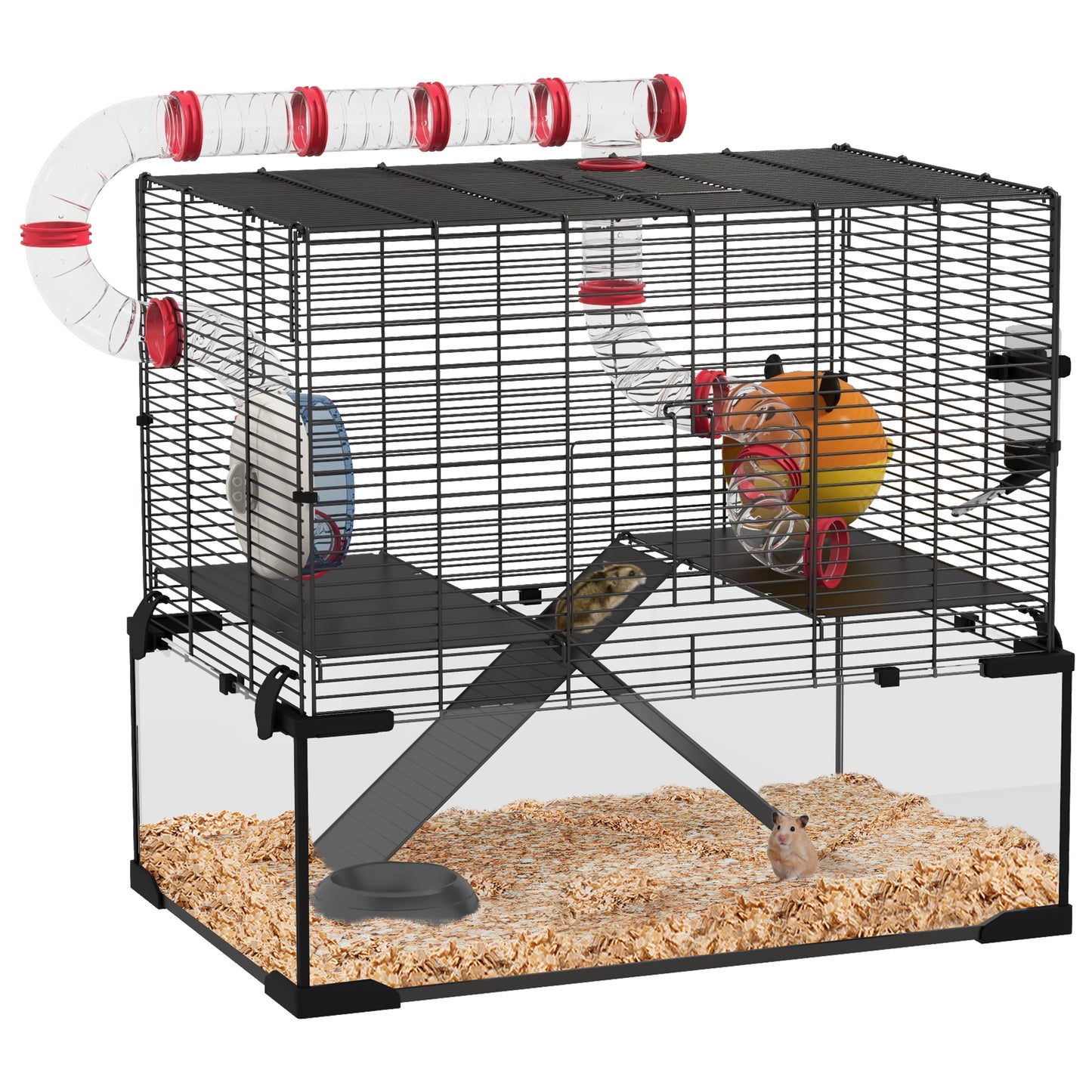 Photo of PawHut Gerbil Cage Dwarf Hamster Cage, with Deep Glass Bottom, Tunnels, Hut, Exercise Wheel, 60 x 40 x 57cm in 57cm colour on a white background