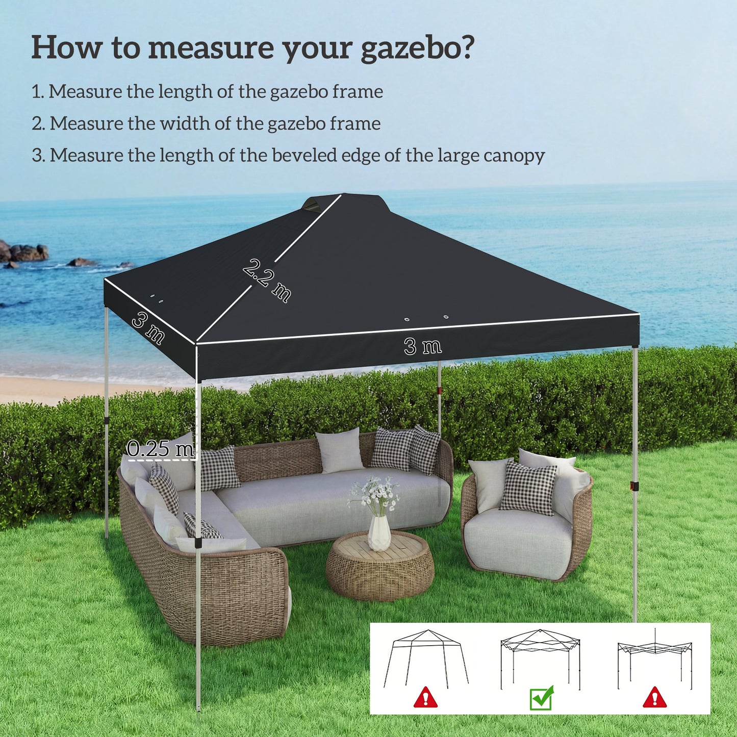 Outsunny gazebo roof replacement UV50+ Waterproof Pop Up Canopy Cover with 8 Drainage Holes 3 x 3 m Black