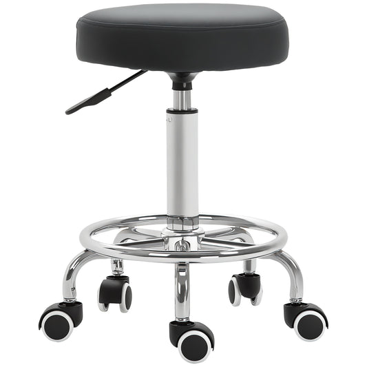 Photo of Vinsetto Round Rolling Stool, PU Leather Height Adjustable Stool Chair with Wheels and Swivel Seat for Salon, Massage, Spa, Home Kitchen, Black in Black colour on a white background