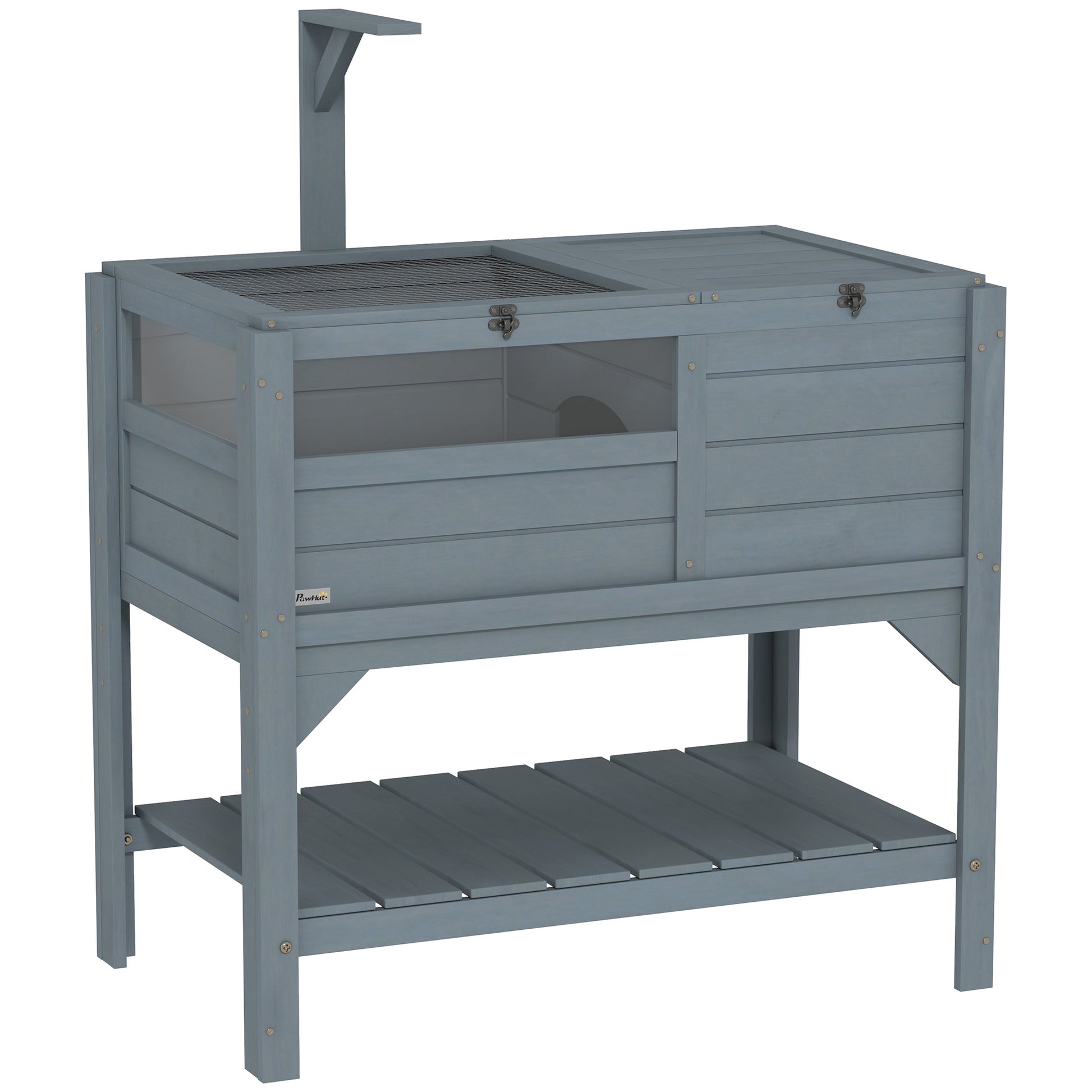 Photo of PawHut Wooden Tortoise House, with Shelter, Run, Shelf, Lamp Holder, Tray, Grey in Grey colour on a white background