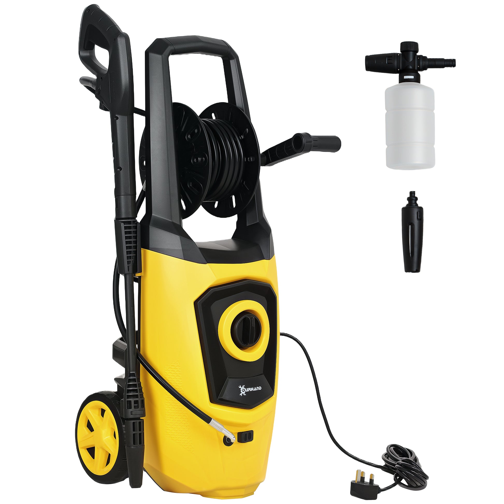 Photo of DURHAND 1800W High Pressure Washer, 150 Bar Pressure, 510 L/h Flow, High-Performance Portable Power Washer Jet Wash Cleaner with 6M Hose and Hose Reel for Garden, Car, Furniture, Yellow in Yellow colour on a white background