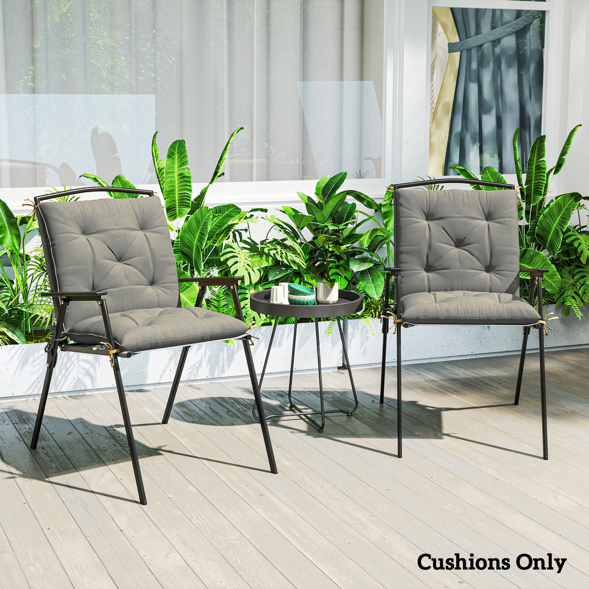 Two light gray outdoor cushions fitted to chairs, with tufted backs and seat padding