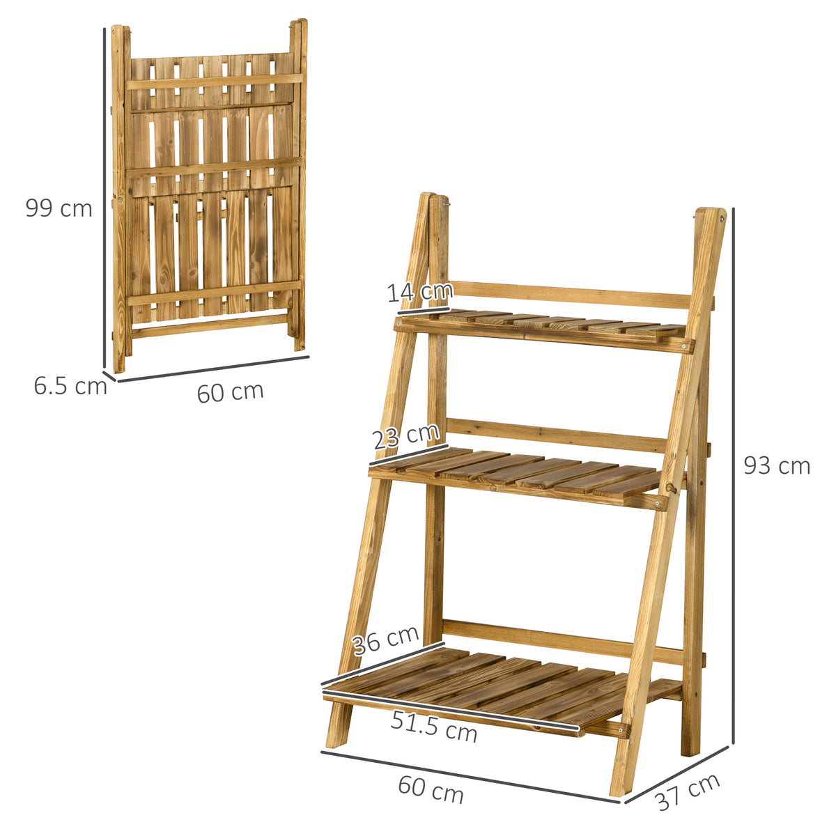 Outsunny wooden folding plant stand shown open and folded, with shelf dimensions