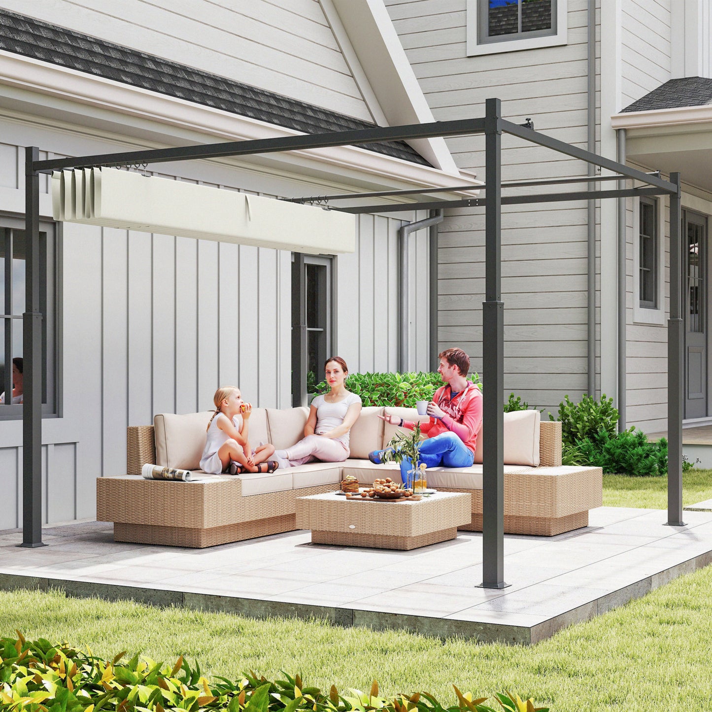 Outsunny 3 x 3(m) Metal Pergola with Retractable Roof and Magnetic Fixture, Outdoor Gazebo Garden Pergola Kit Sun Shade Canopy, UPF30+, 80mm Metal Column, Cream White