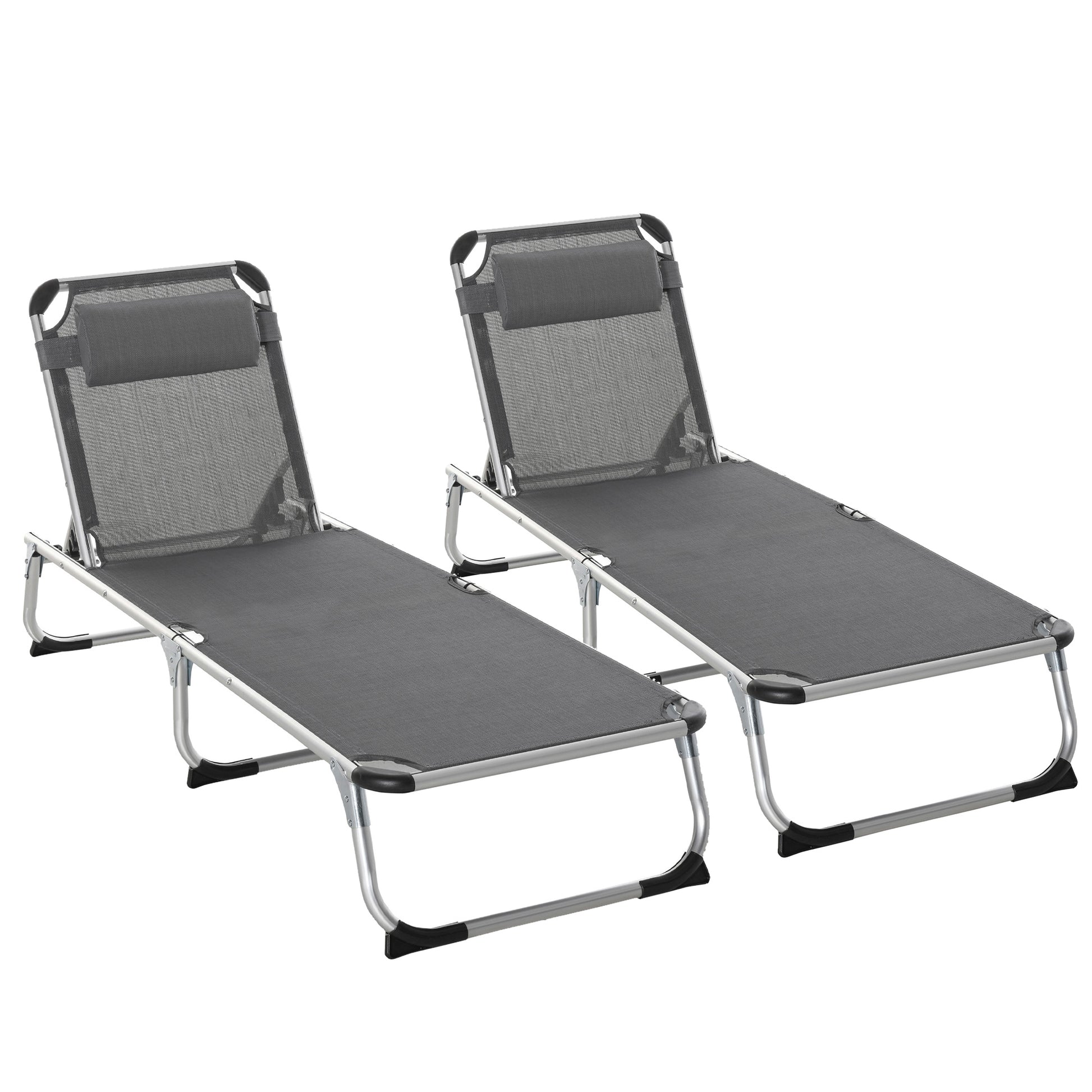 Photo of Outsunny Foldable Outdoor Sun Loungers Set of 2, Reclining Lounge Chair Camping Bed Cot with Pillow 4-Level Adjustable Back Aluminium Frame, Grey in Grey colour on a white background