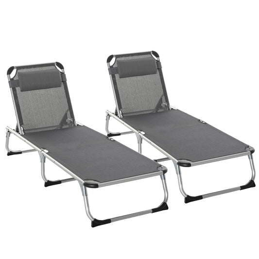Photo of Outsunny Foldable Outdoor Sun Loungers Set of 2, Reclining Lounge Chair Camping Bed Cot with Pillow 4-Level Adjustable Back Aluminium Frame, Grey in Grey colour on a white background
