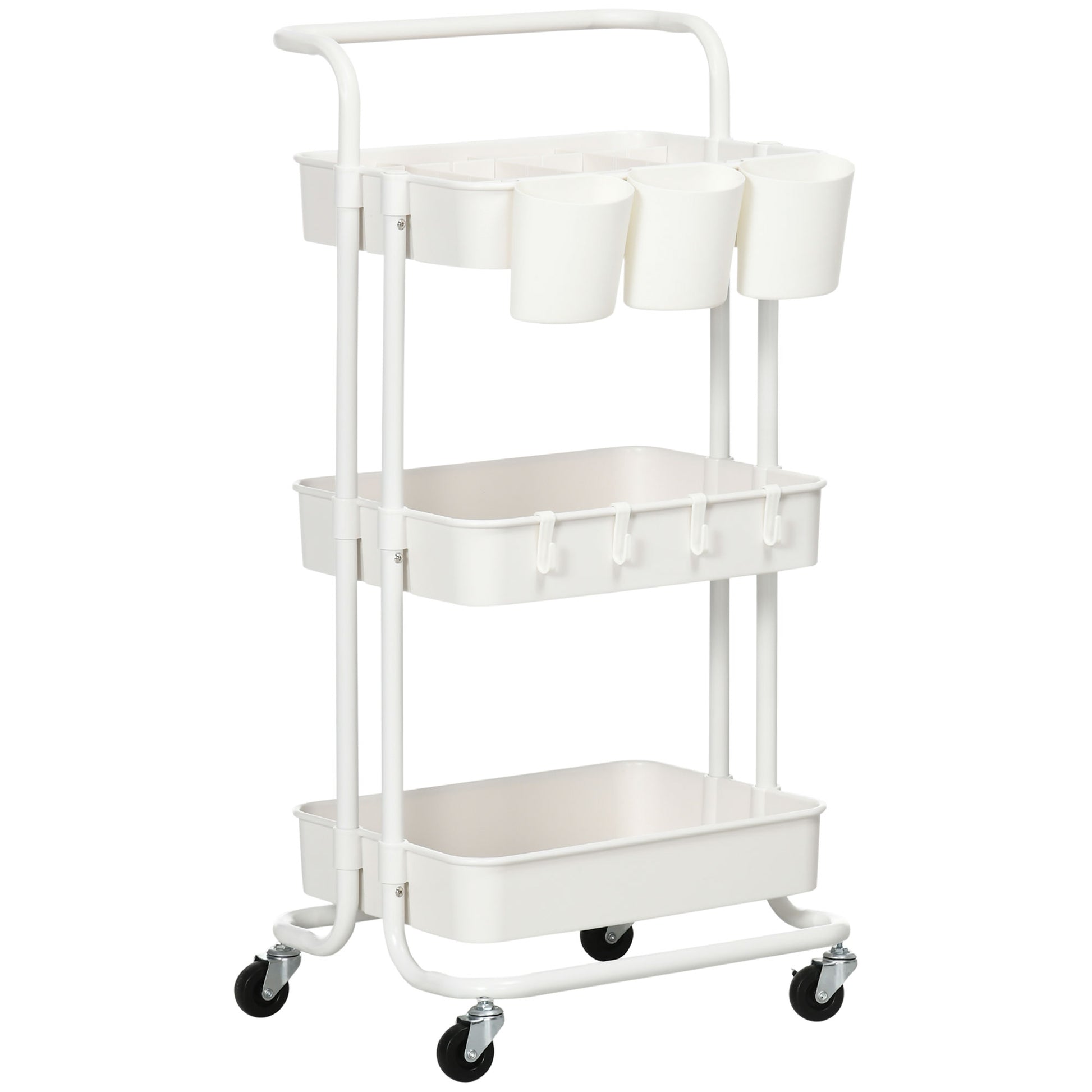Photo of HOMCOM Three-Tier Home Trolley, with Handle and Wheels - White in White colour on a white background