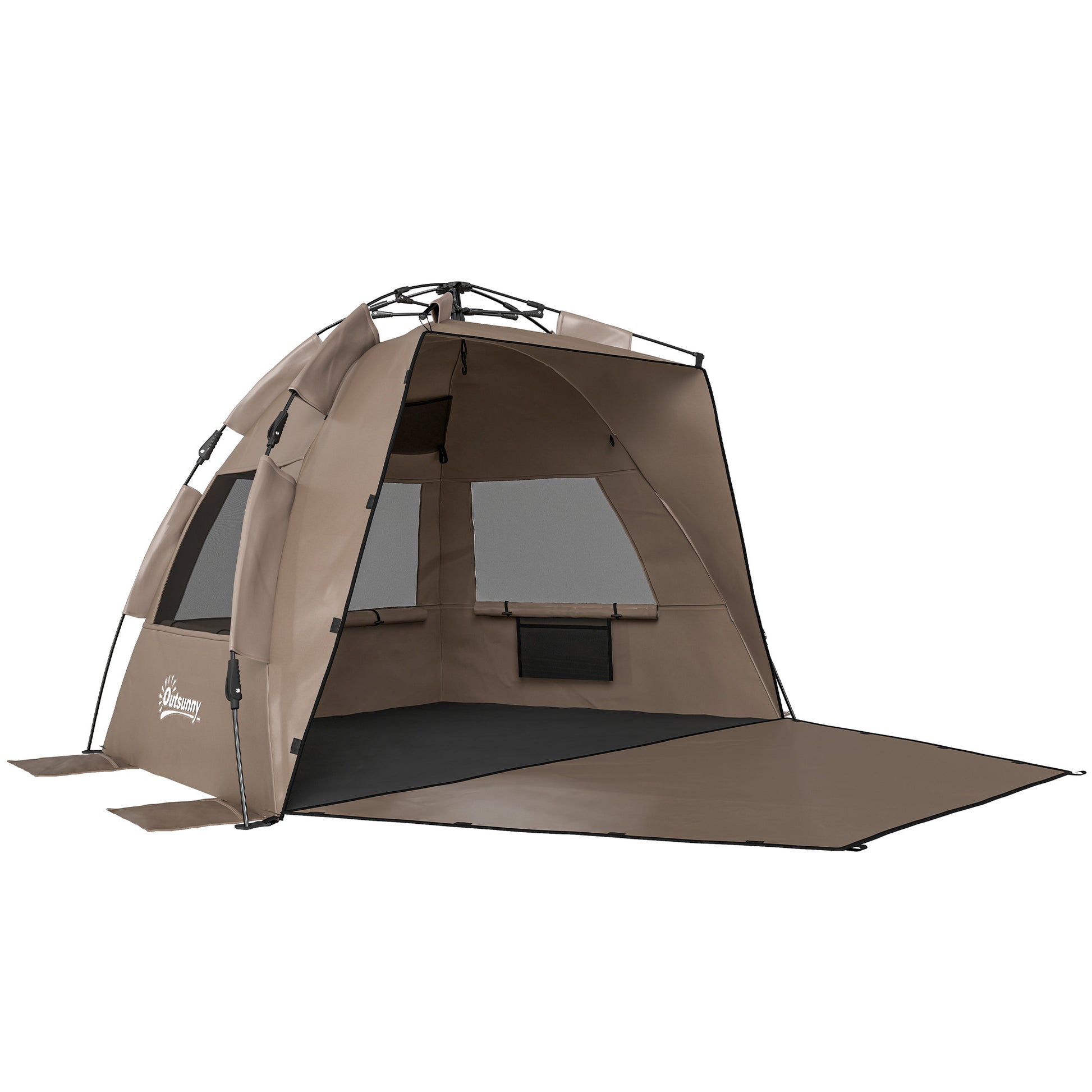 Photo of Outsunny 2-3 Person Pop Up Beach Tent, UPF15+ Sun Shelter with Extended Floor, Sandbags, Mesh Windows and Carry Bag, Brown in Brown colour on a white background