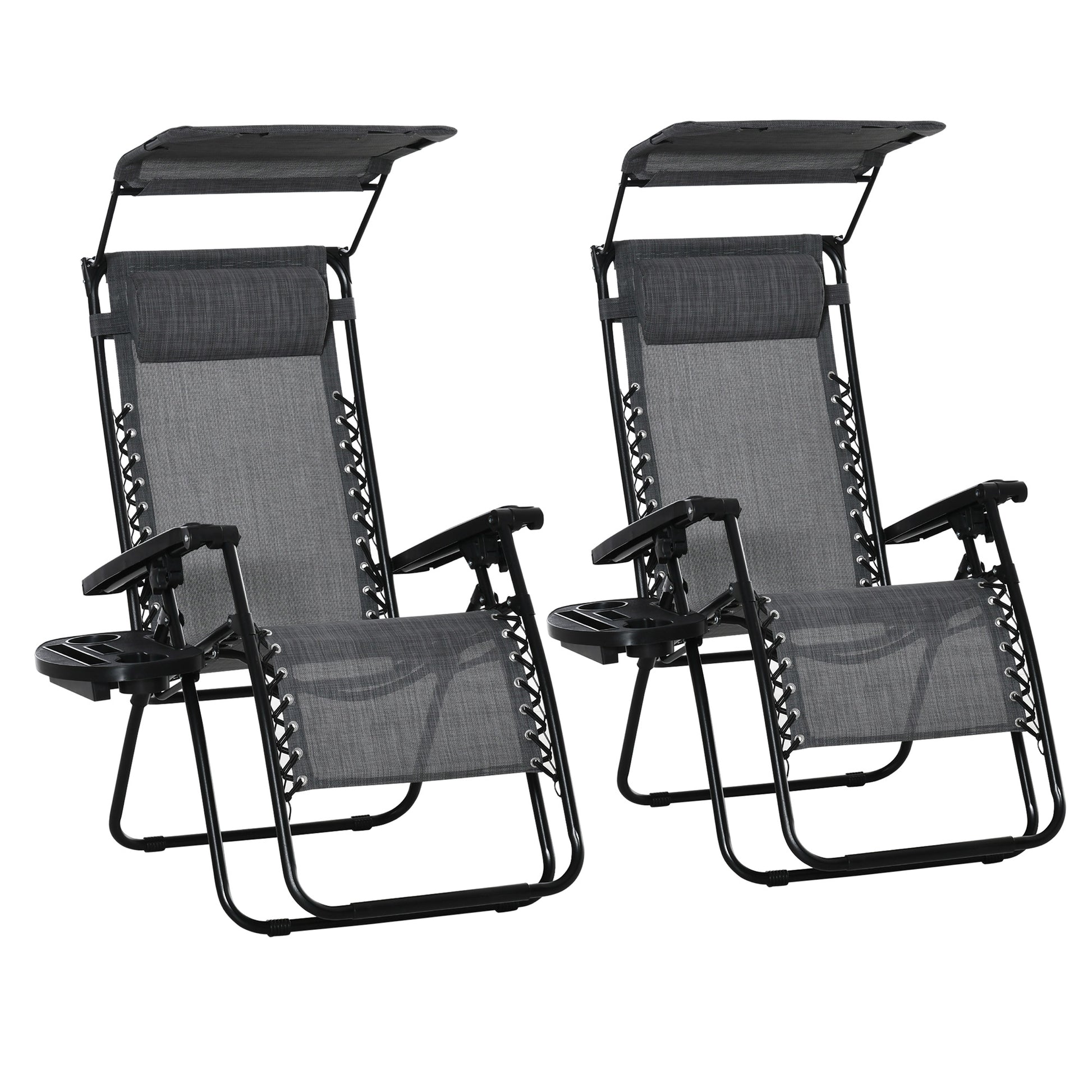 Photo of Outsunny 2 Piece Foldable Reclining Garden Chair with Headrest, Zero Gravity Deck Sun Lounger Seat Chair with Footrest, Armrest, Cup Holder & Canopy Shade, Light Grey in Grey colour on a white background