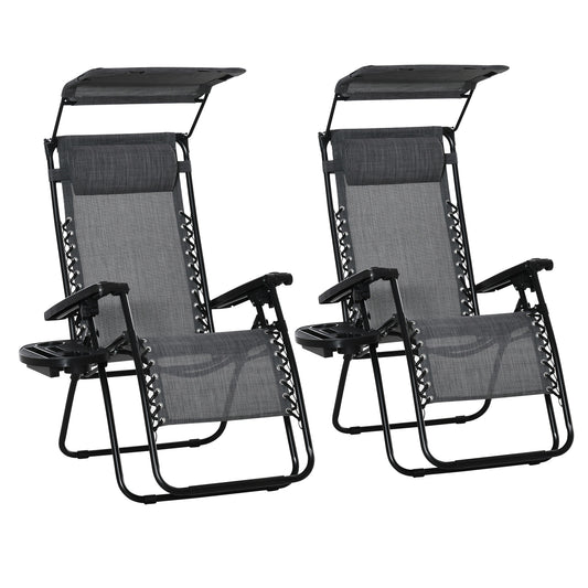 Photo of Outsunny 2 Piece Foldable Reclining Garden Chair with Headrest, Zero Gravity Deck Sun Lounger Seat Chair with Footrest, Armrest, Cup Holder & Canopy Shade, Light Grey in Grey colour on a white background