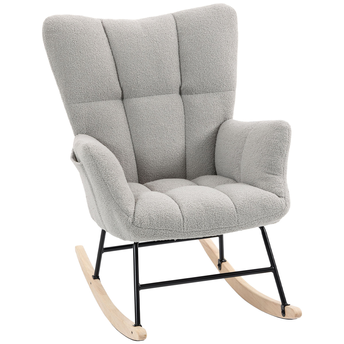 Photo of HOMCOM Rocking Chair, Teddy Fleece Rocker Chair with Tufted Wingback, Side Pockets, Rubber Wood Legs, Light Grey in Grey colour on a white background